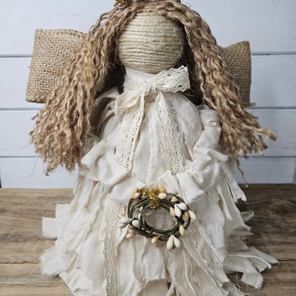 Boho Farmhouse Primitive Cream color Muslin Rag Christmas Angel Tree Topper - Picture 4 of 5